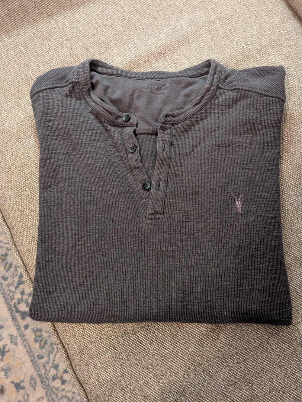 All Saints Men's Long-Sleeve Henley Shirt in Charcoal - Picture 2 of 6